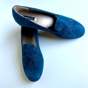Array Queen Bee Navy Suede Embroidered Smoking Loafers Shoes, Size 7.5M
